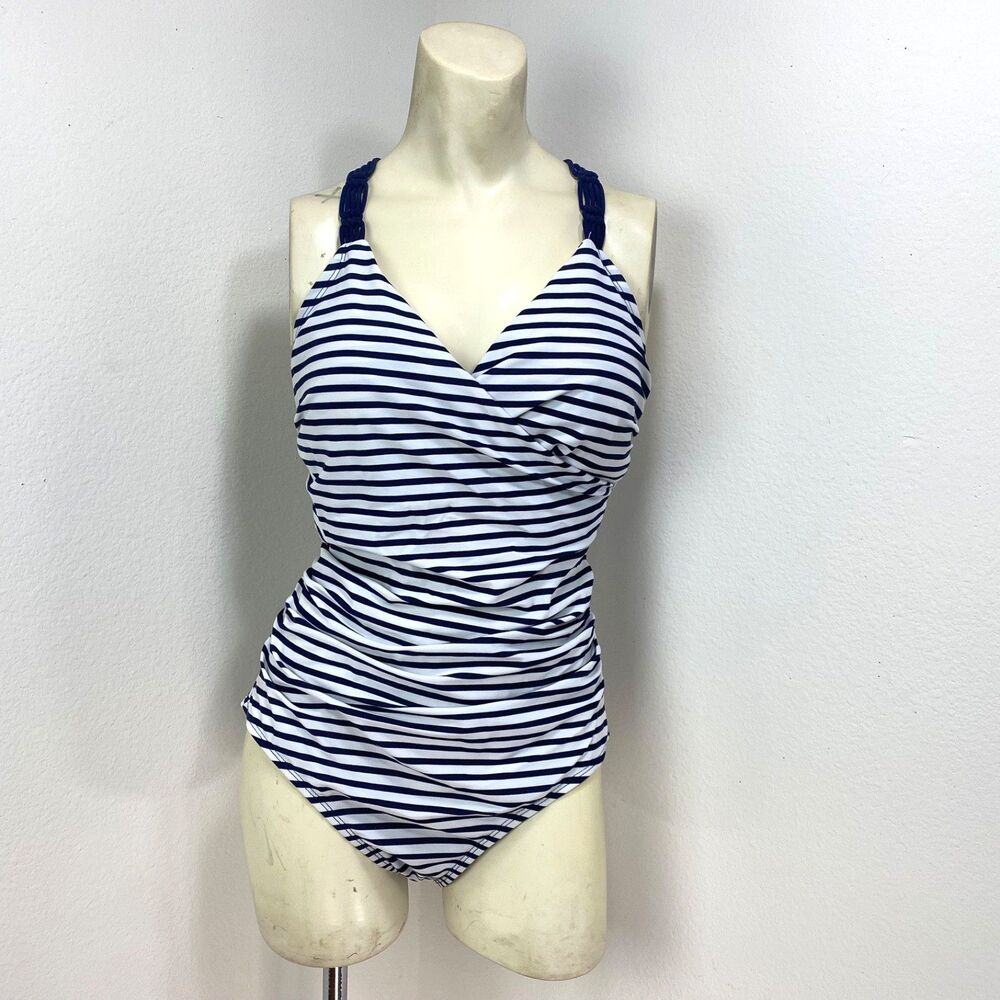 Kona Sol Navy Blue & White Striped One Piece Swimsuit Large Macramé Racerback